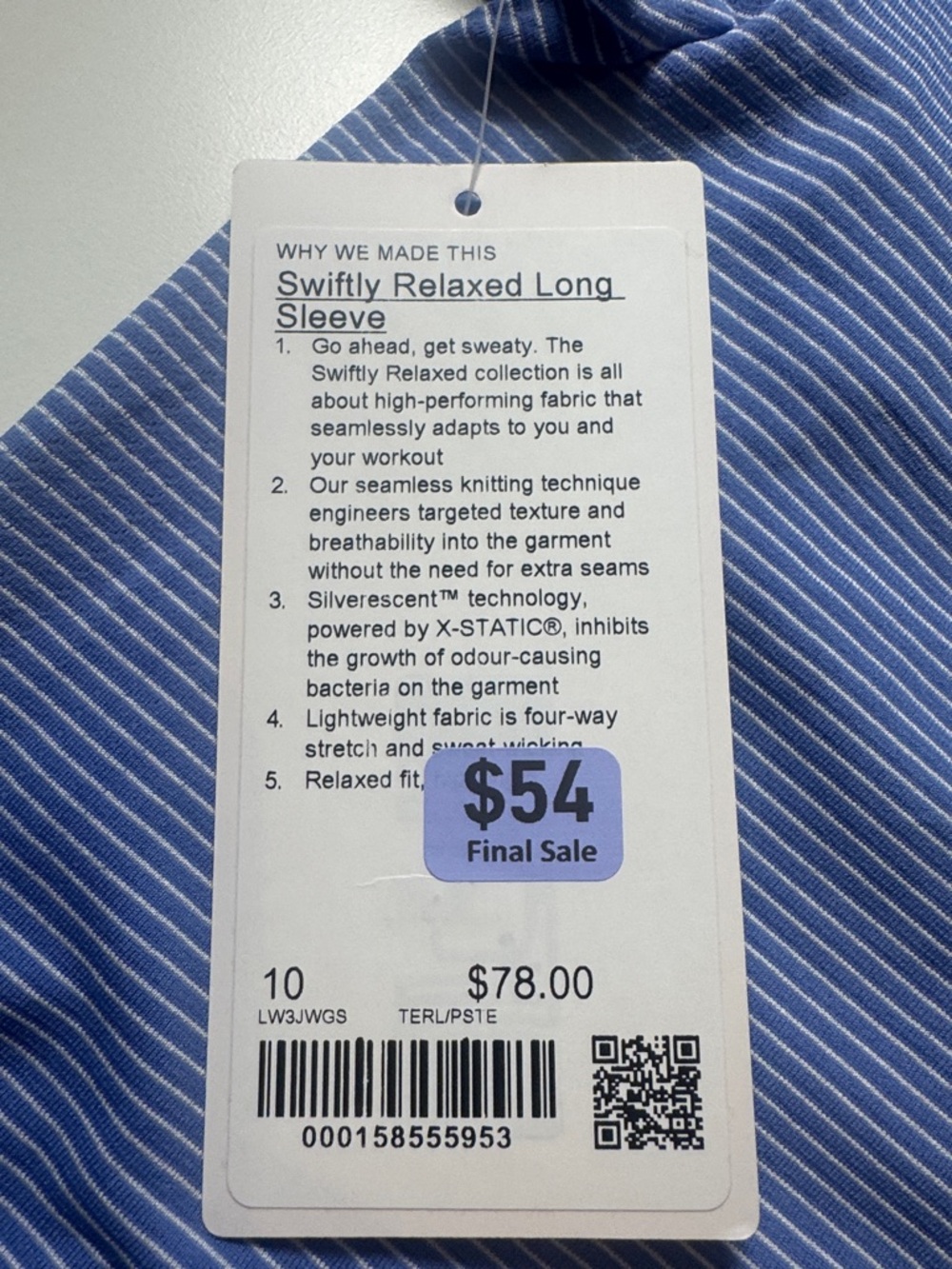 Lululemon NWT Swiftly Relaxed Long Sleeve SZ: 10 Color: Tempo Stripe Blu/Polo - Picture 8 of 9